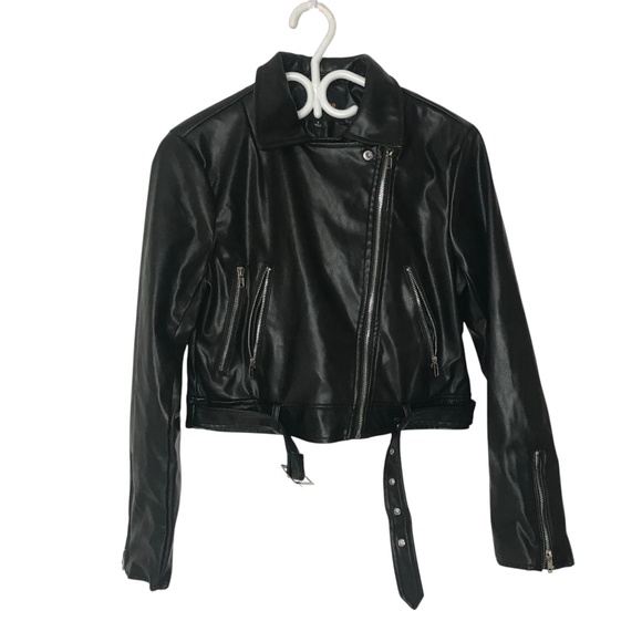 Ambiance Black Faux Leather Moto Jacket | Belted Biker Style - Picture 3 of 11